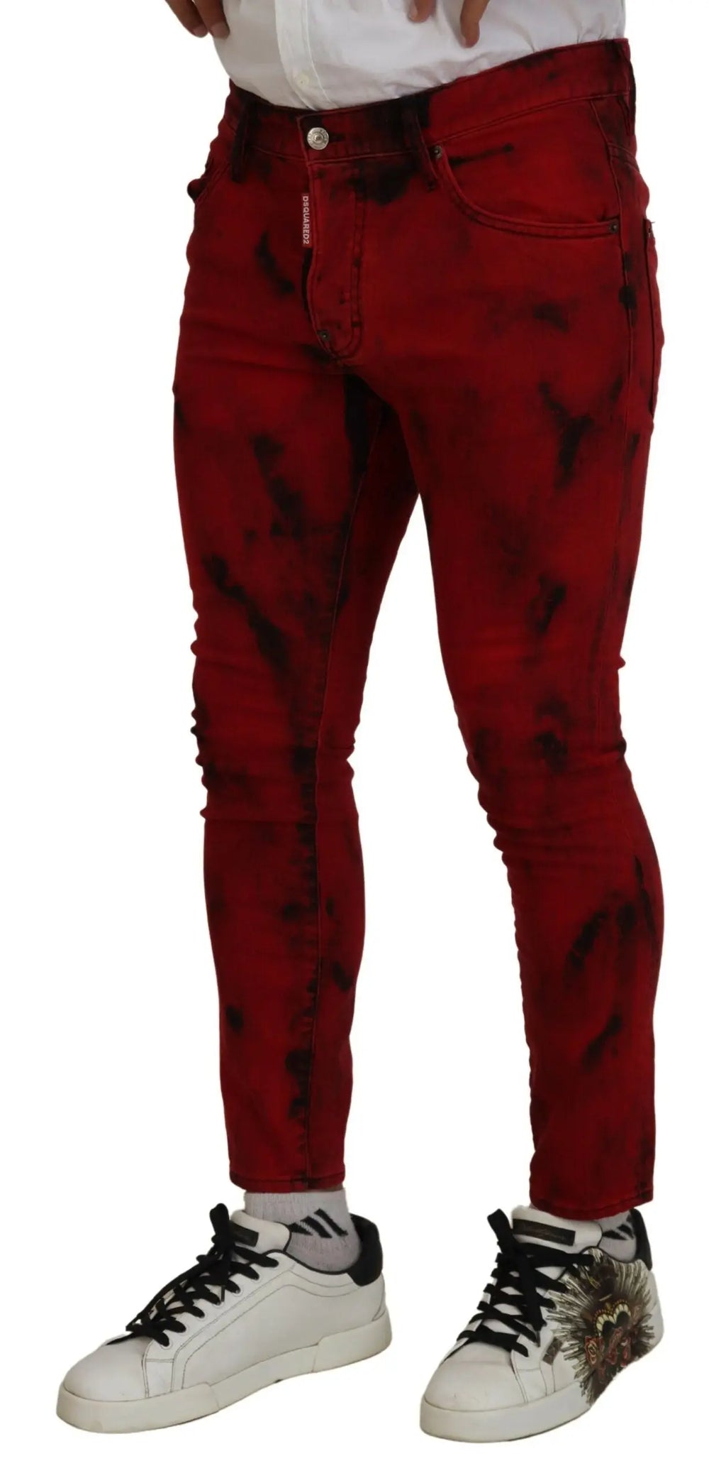 Jean skinny casual en coton rouge tie dye avec motifs éclaboussures noirs de dsquared²