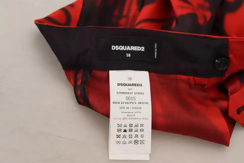 Taille haute dsquared² pantalon large court rouge imprimé avec ceinture motif rouge et noir et étiquette d’entretien blanche