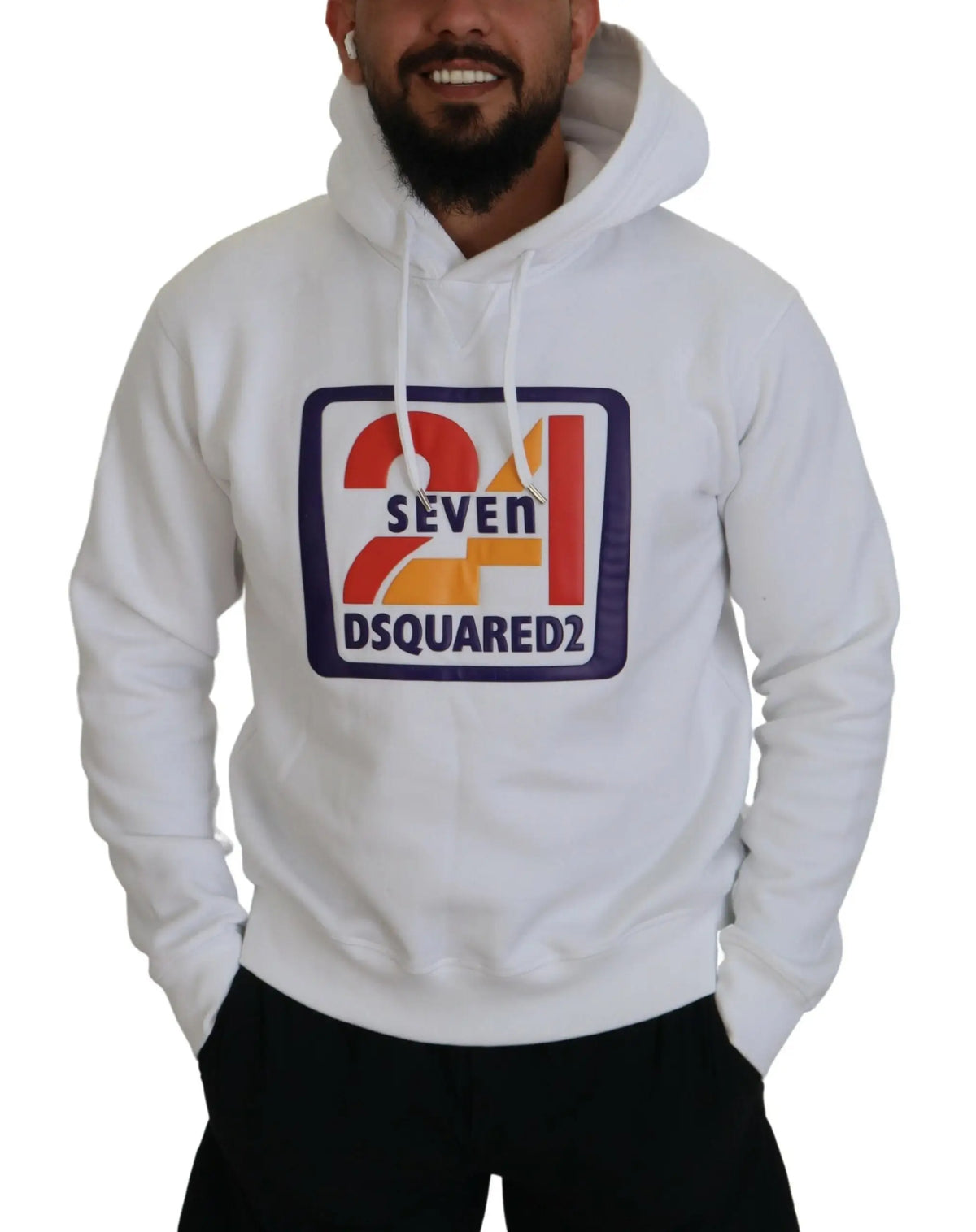 Sweat à capuche dsquared² blanc en coton avec logo rectangulaire orange et rouge 24 seven et texte noir dsquared2