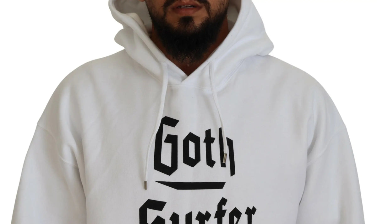 Pull à capuche dsquared² blanc en coton pour homme avec texte goth surfer noir en police gothique bold sur la poitrine