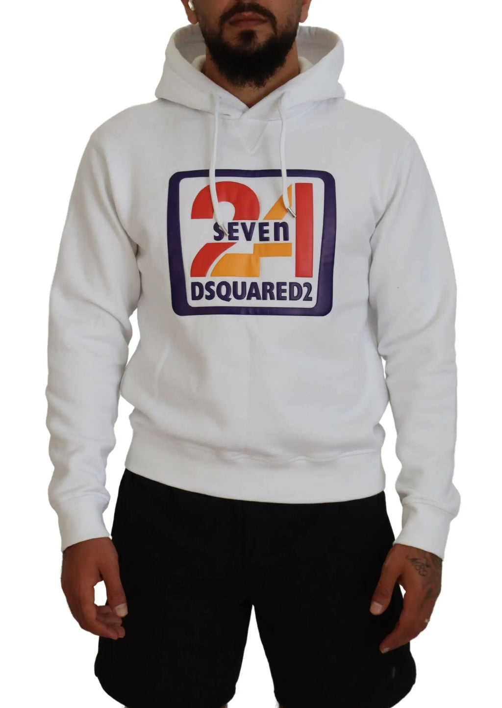 Dsquared² sweat à capuche blanc en coton pour homme avec logo sept 24 coloré en dégradé rouge orange sur cadre bleu