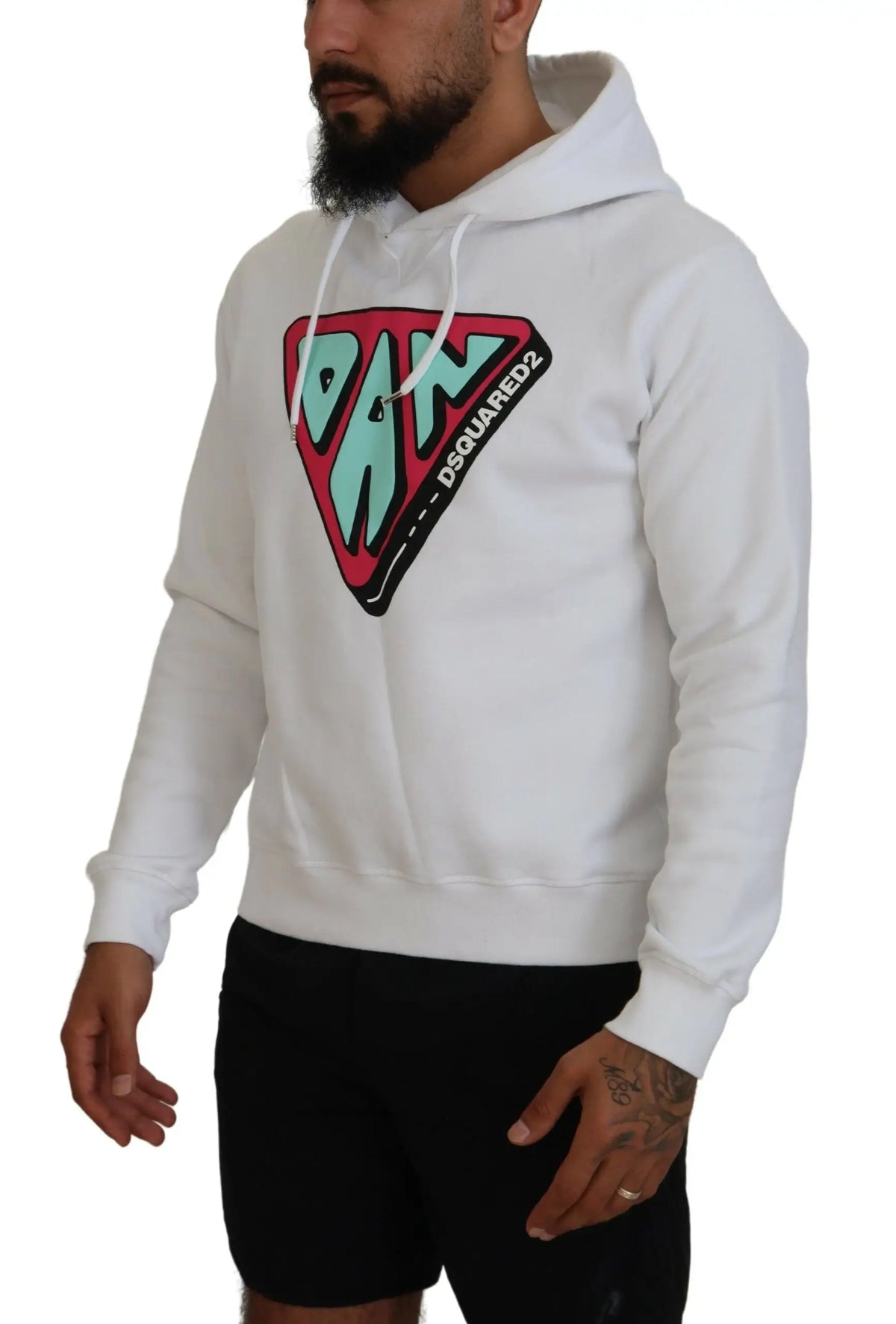 Sweat à capuche dsquared² blanc en coton avec logo géométrique audacieux et accents bleu sarcelle et rouge