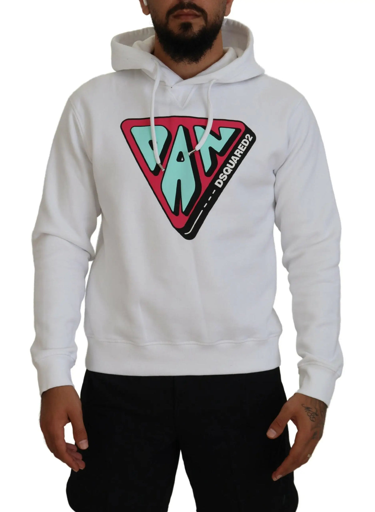Sweat à capuche dsquared² blanc en coton avec graphique triangulaire audacieux et lettrage teal et rouge