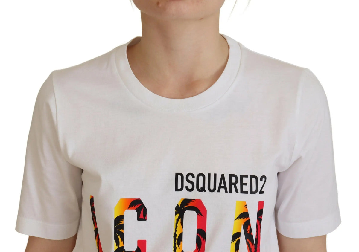 T-shirt blanc dsquared² en coton avec logo icon et motifs palmiers tropicaux orange jaune rouge