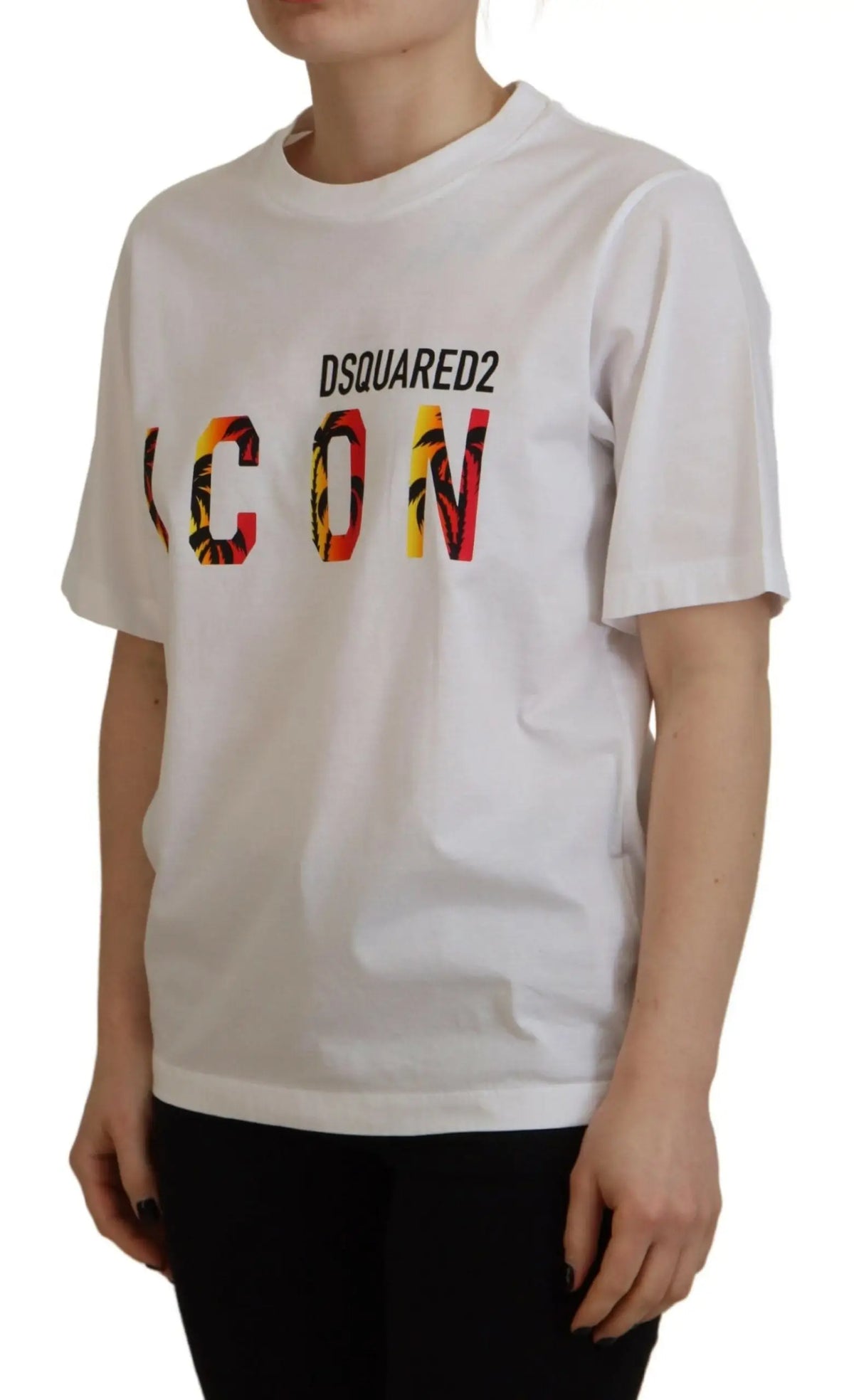 T-shirt dsquared² blanc en coton avec logo icon brillant et motif flammes orange jaune rouge style crewneck
