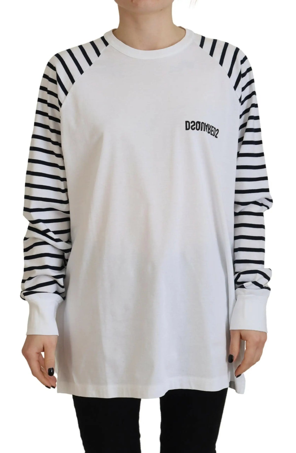 Dsquared² sweat blanc en coton à manches raglan rayées noires et blanches avec logo dsdny2 sur la poitrine