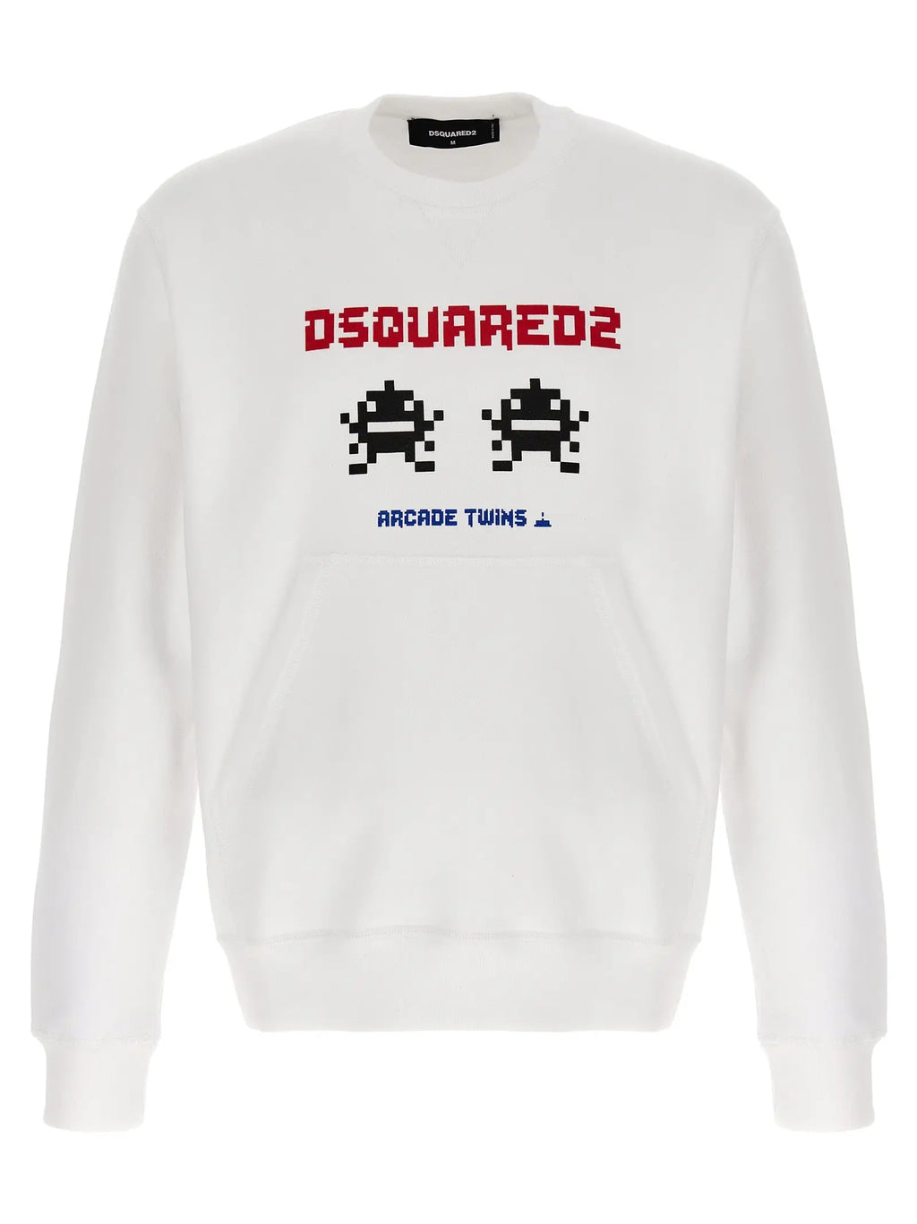 Sweatshirt blanc dsquared² en coton avec graphique arcade twins pixelisé en texte rouge et bleu