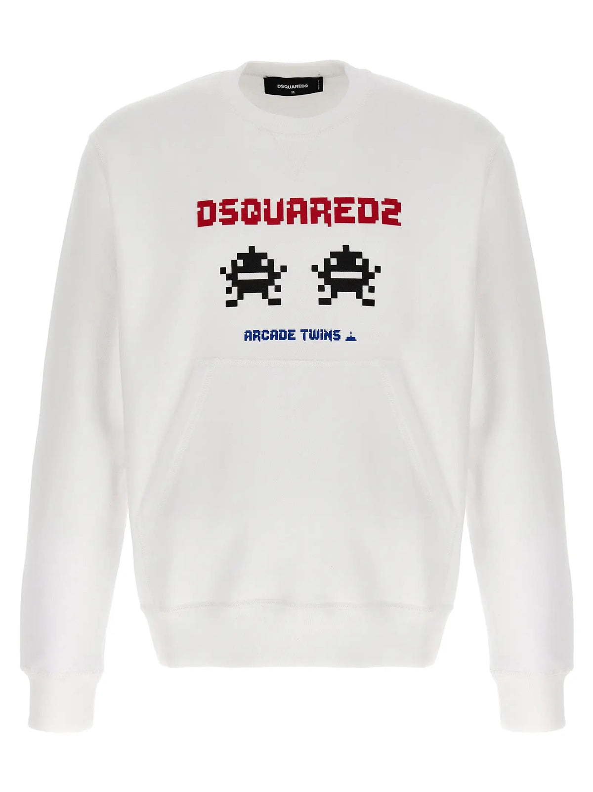 Sweatshirt blanc dsquared² en coton avec graphique arcade twins pixelisé en texte rouge et bleu