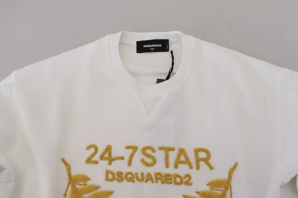 Sweatshirt blanc dsquared² en coton avec broderie dorée 24-7 star et logo de la marque