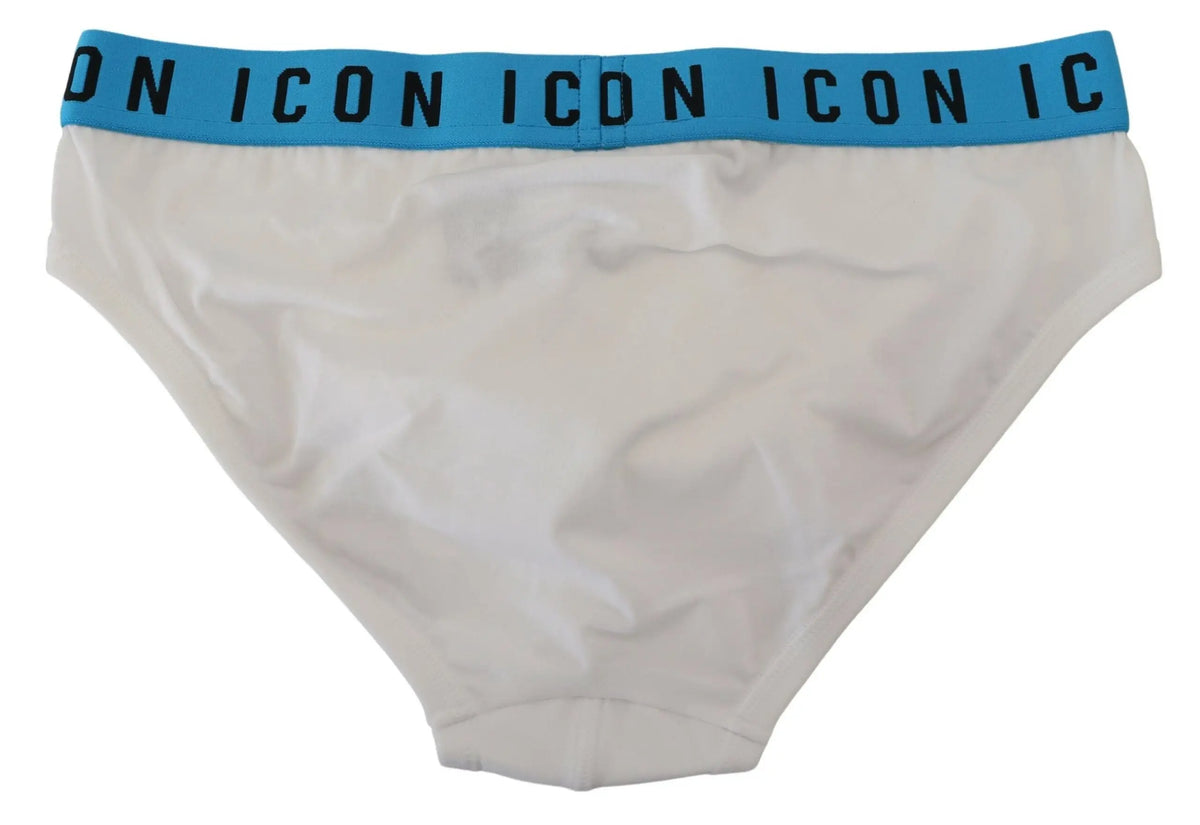 Briefs blancs dsquared² icon en coton stretch pour homme avec taille élastique bleue et logo noir visible