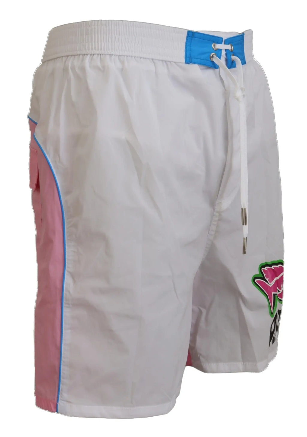 Shorts de plage pour homme dsquared² blancs avec panneaux roses, bordures bleues et logo poisson coloré