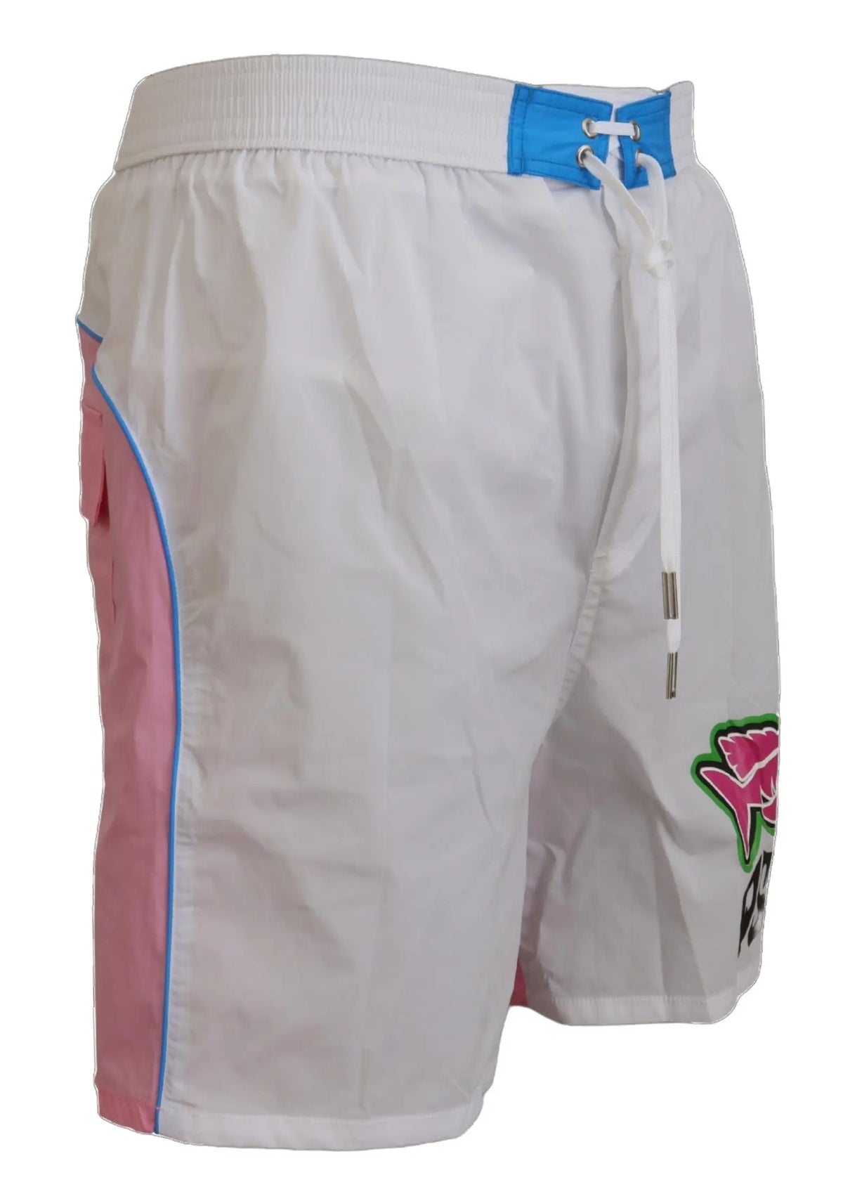 Shorts de plage pour homme dsquared² blancs avec panneaux roses, bordures bleues et logo poisson coloré