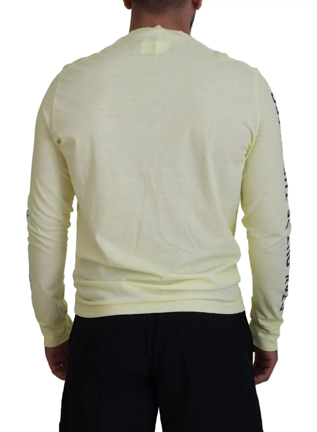 T-shirt dsquared² jaune pale à manches longues avec tissu texturé et lettrage bleu vertical sur la manche droite