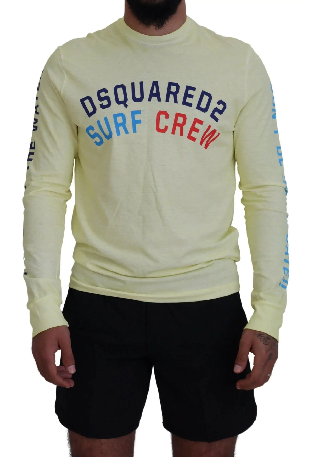 Pale yellow long-sleeved dsquared² t-shirt with bold navy blue and red surf crew logo on chest