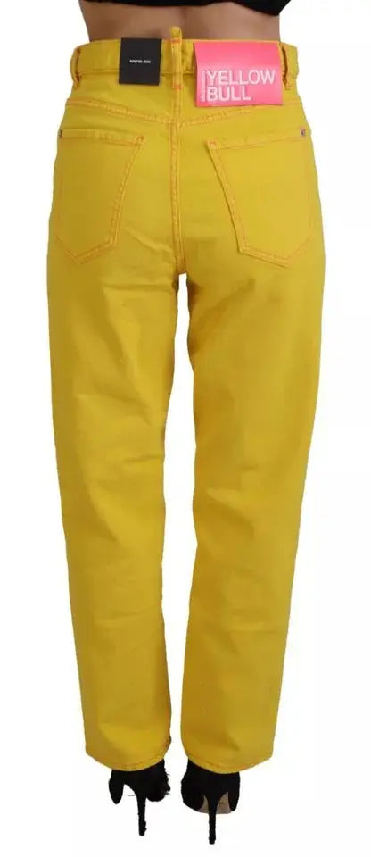 Jean droit en denim jaune vif haute taille en coton de dsquared² vue arrière avec label rose yellow bull
