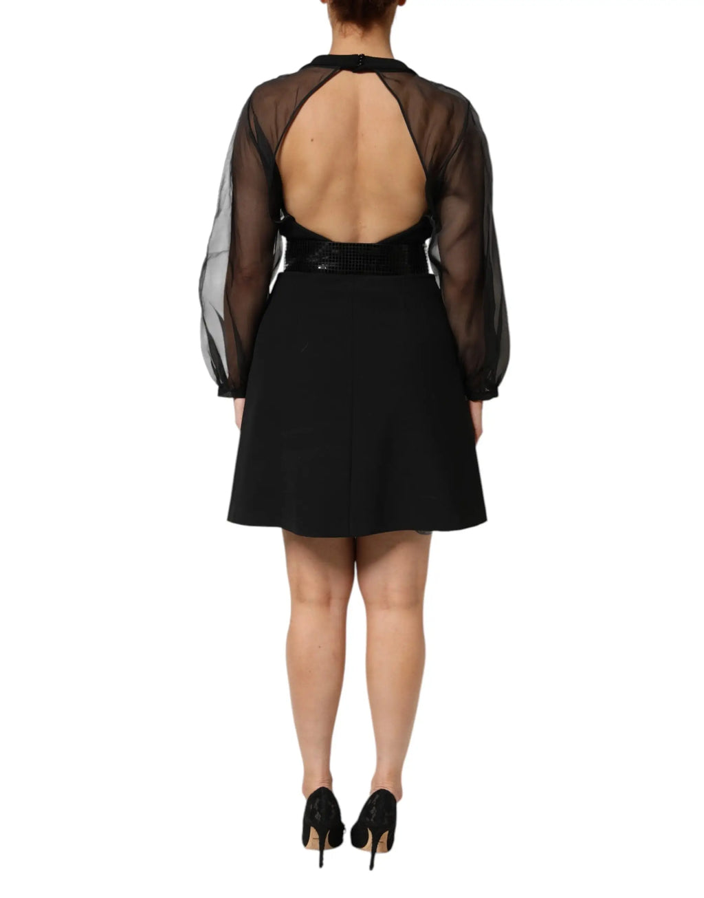 Robe mini noire emporio armani à manches longues transparentes et dos nu avec ceinture ajustée vue arrière