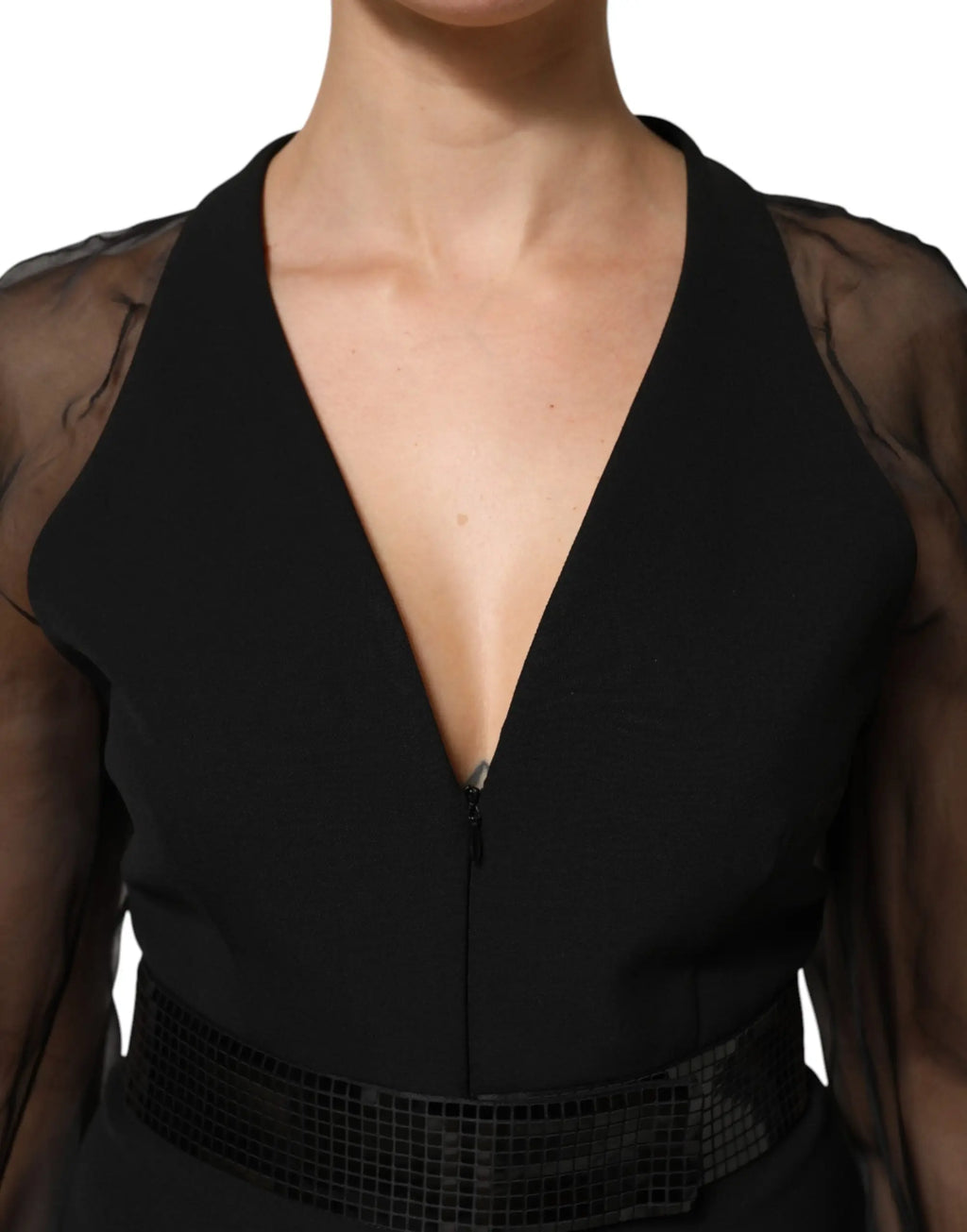Robe mini noire emporio armani avec manches en mesh transparent et ceinture à sequins style halter-neck