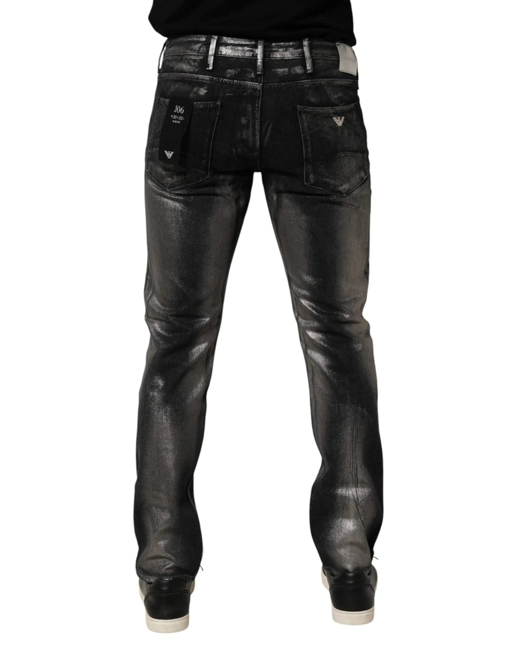 Jean slim fit homme noir délavé en denim avec finition brillante et ferrures argentées emporio armani