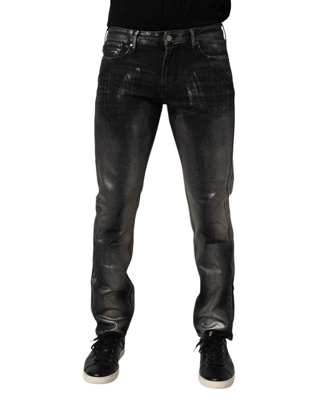 Jean délavé slim fit homme emporio armani en denim noir avec finition cuir brillant et détails d’usure subtils