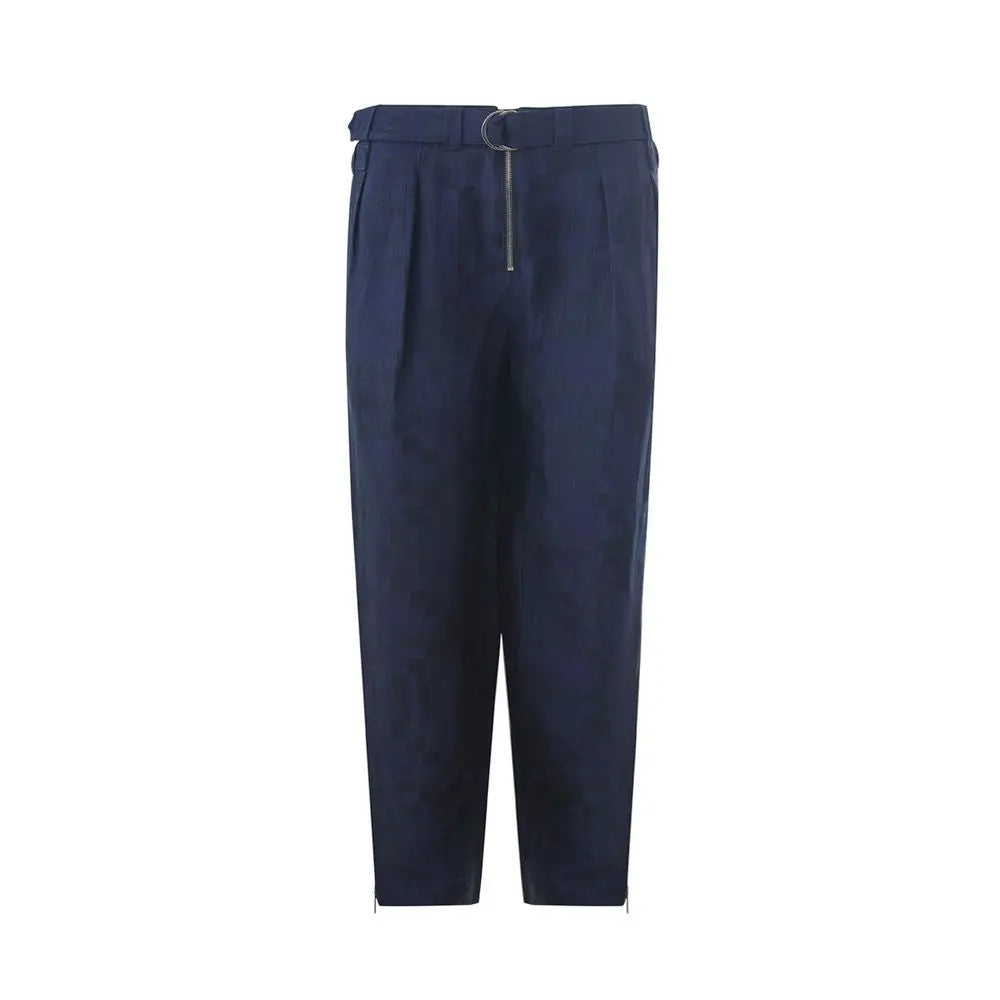 Pantalon décontracté en lin bleu navy emporio armani avec plis, boucle métallique et fermeture éclair devant