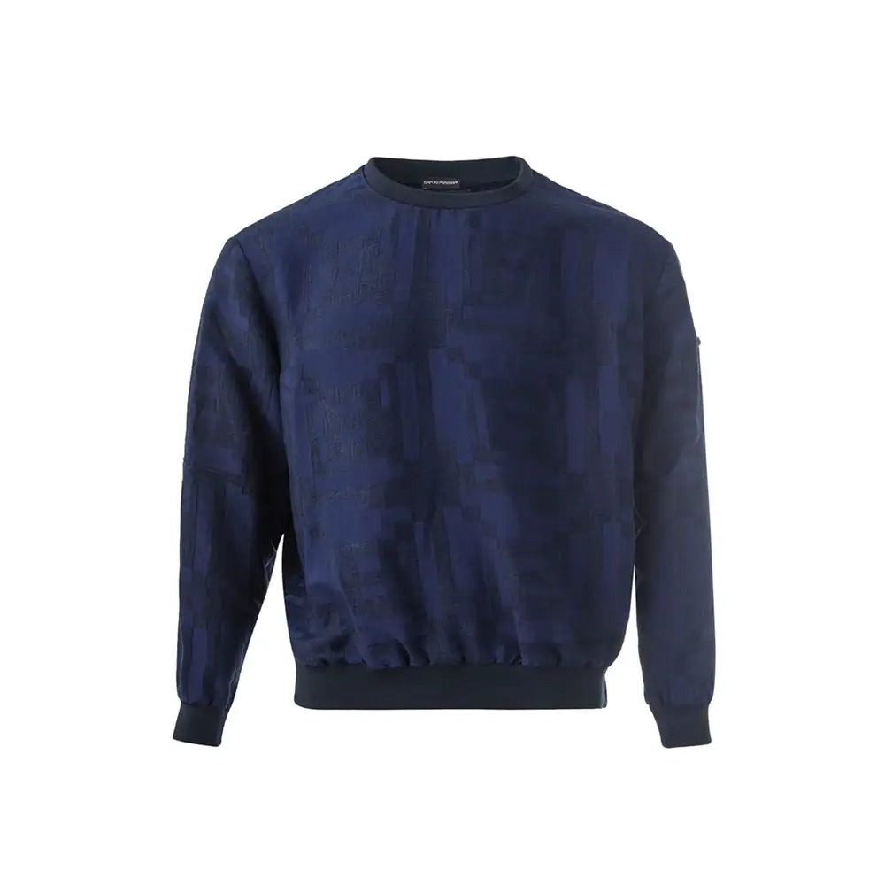 Sweatshirt bleu marine texturé emporio armani à col rond en lin avec motif subtil et bords côtelés