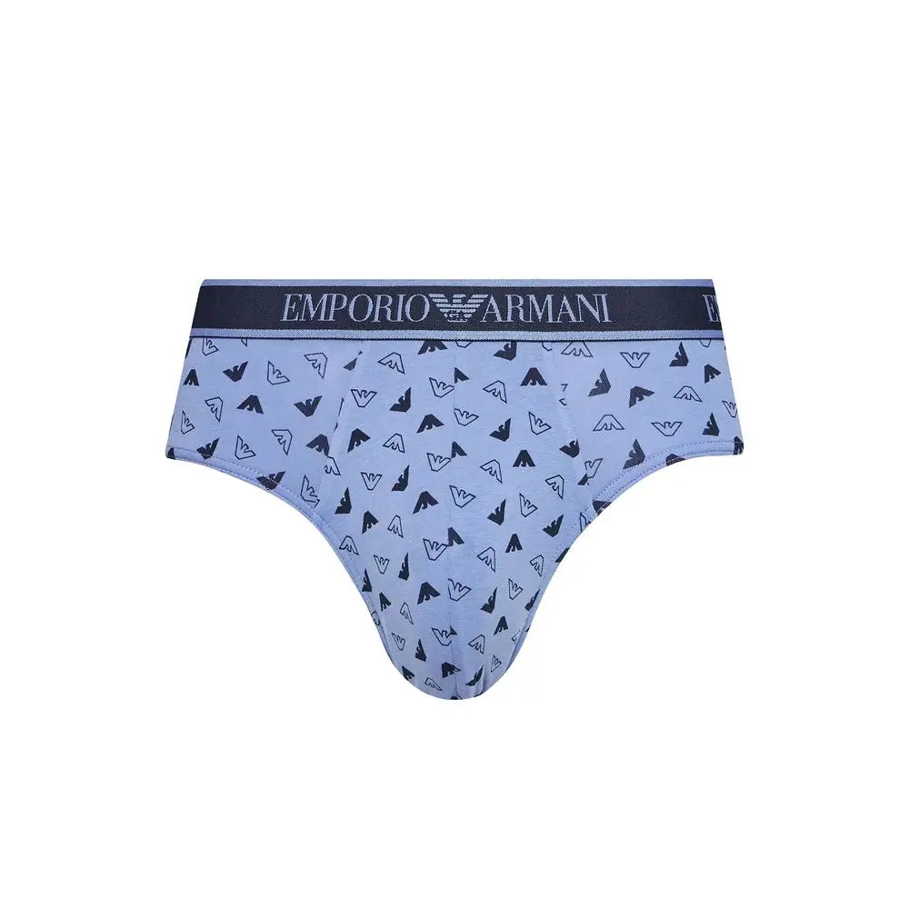 Briefs emporio armani bleus en coton avec motif répété aigle noir et blanc sur le tissu