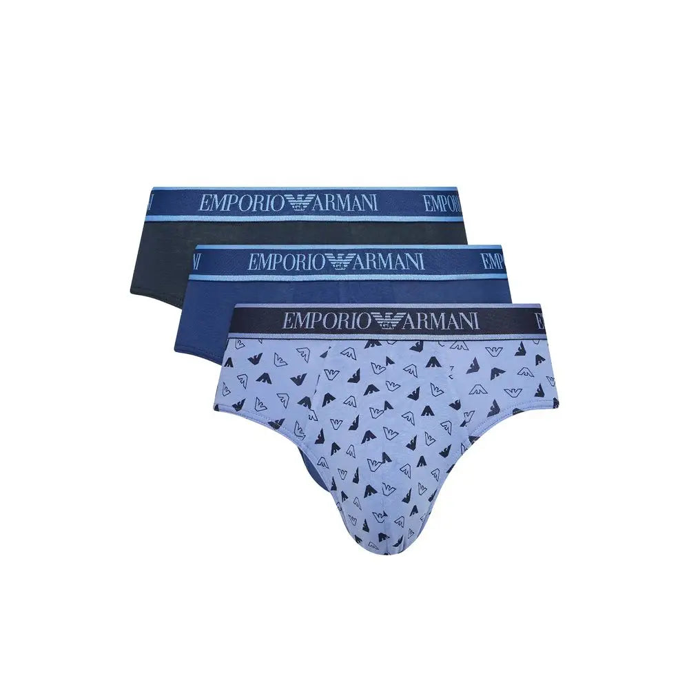 Set de trois slips pour hommes emporio armani en coton bleu navy bleu foncé et bleu clair avec logos aigle répétés