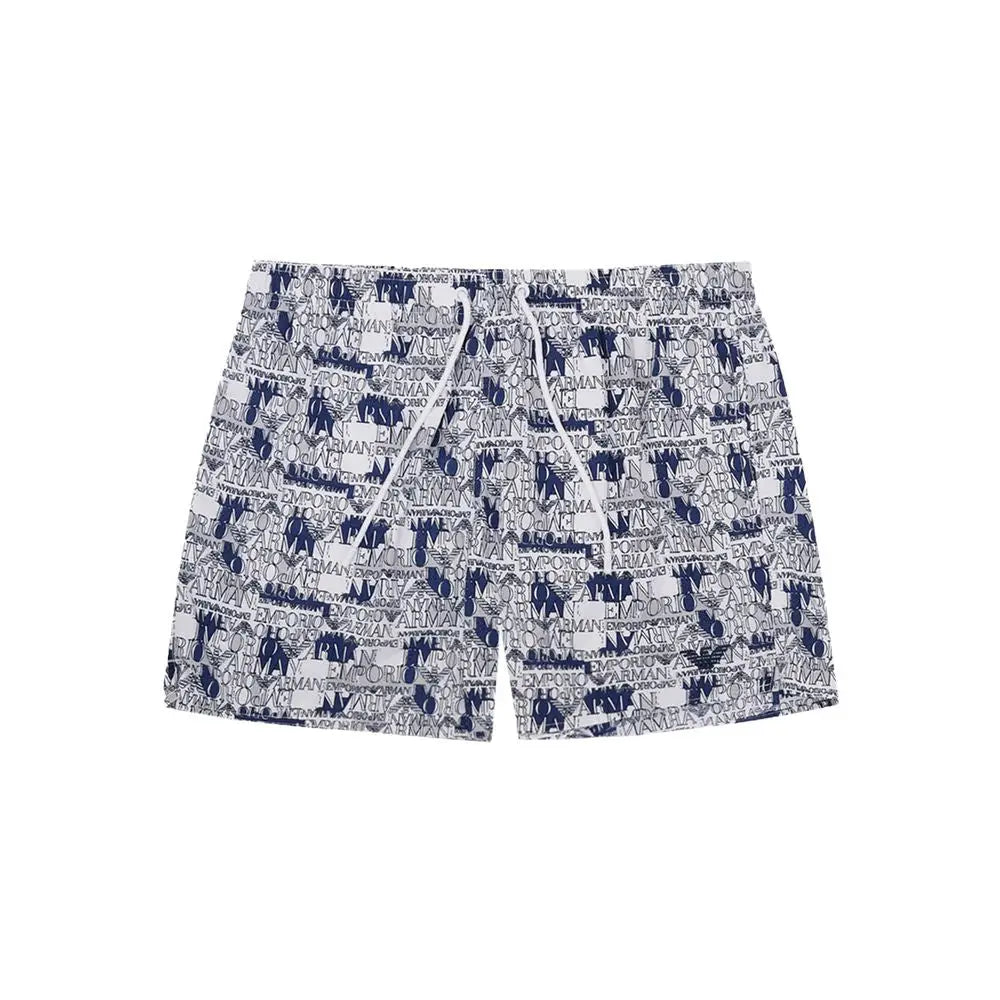 Short de bain blanc emporio armani en polyester avec imprimé logo armani bleu marine et noir répété