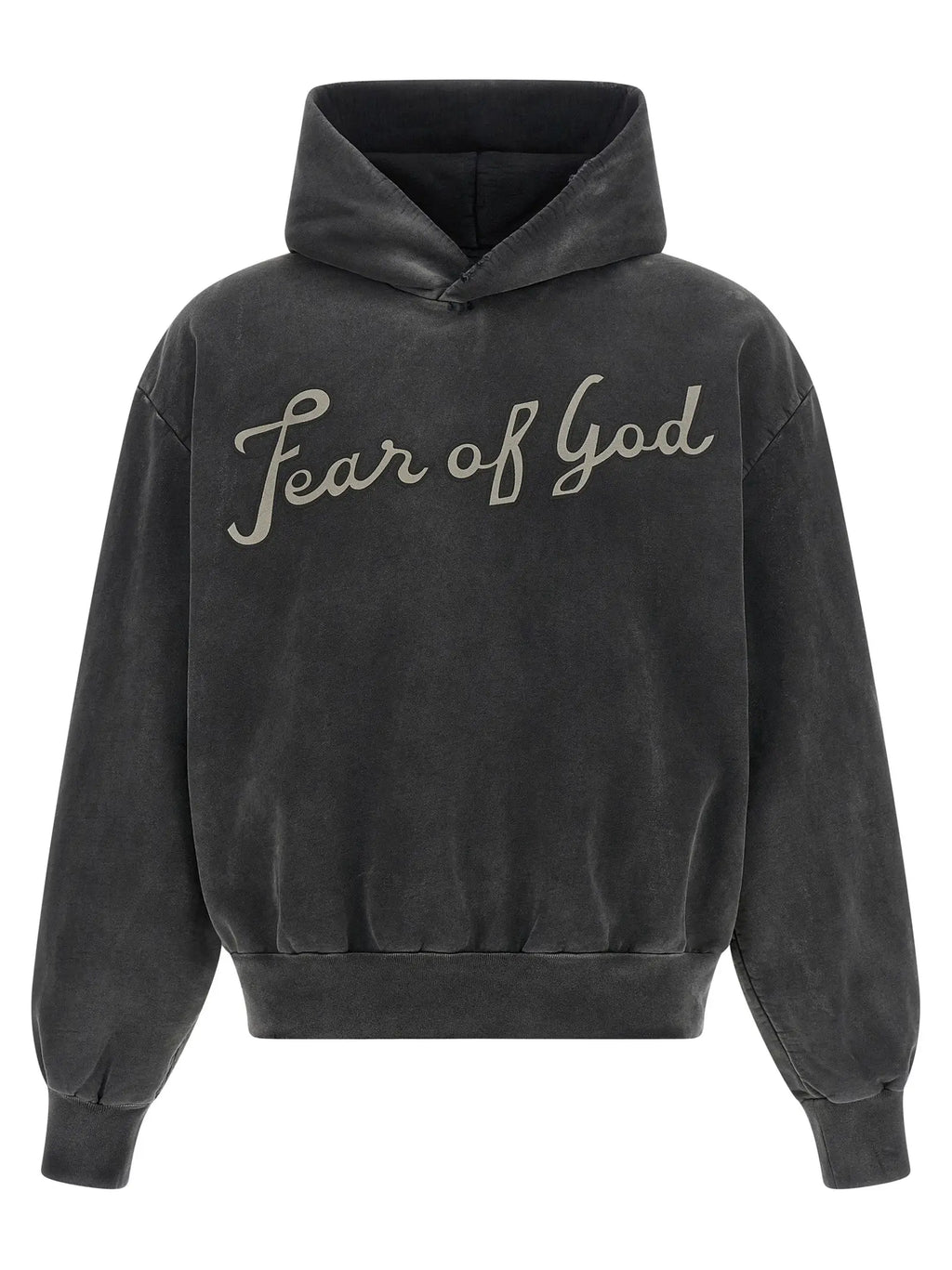 Sweatshirt fear of god noir en coton avec capuche en velours noir et broderie argentée sur le devant