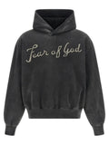 Sweatshirt fear of god noir en coton avec capuche en velours noir et broderie argentée sur le devant