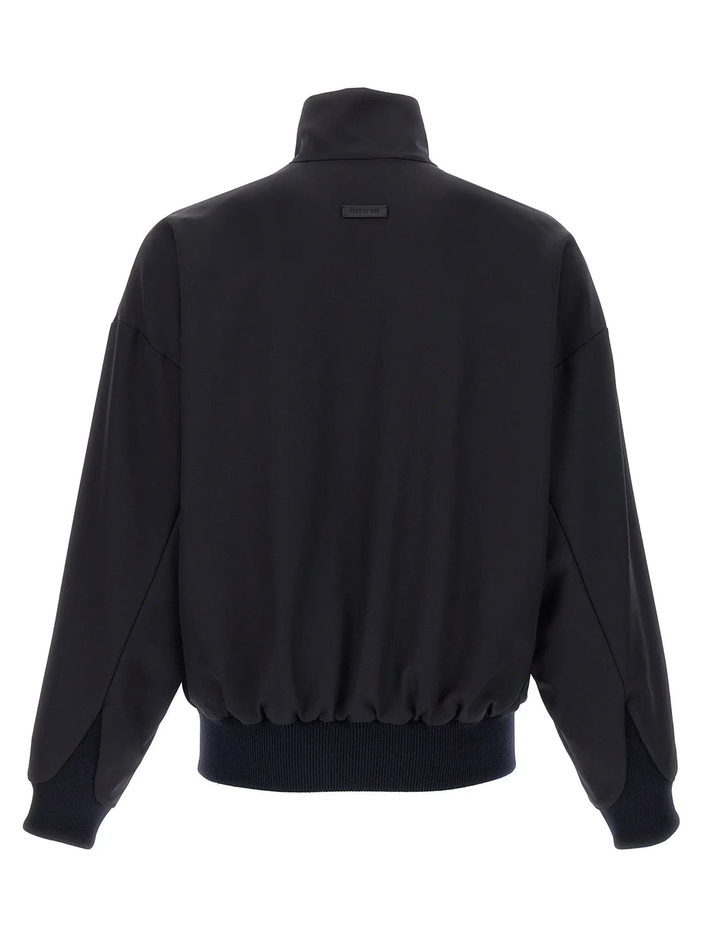 Veste fear of god en laine vierge bleu avec col haut, poignets et ourlet côtelés, détails subtils des coutures