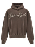 Sweatshirt fear of god en coton marron avec capuche en velours et broderie beige clair sur la poitrine
