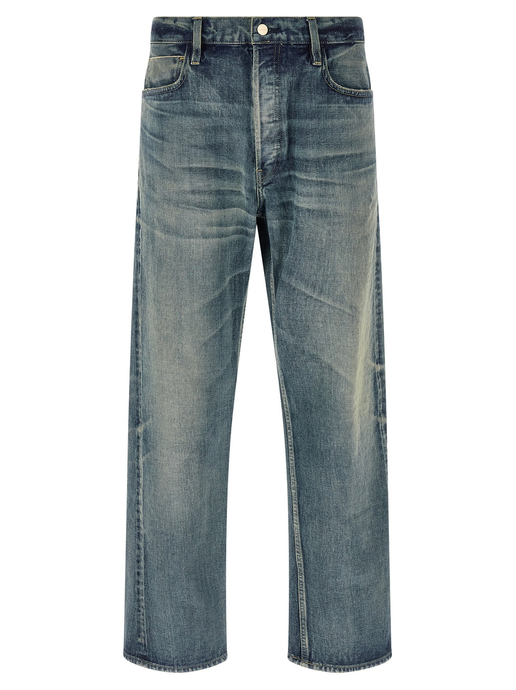 Jeans droits en coton bleu Fear Of God, style classique avec coupe droite et détails simples, visibles sur l'image.