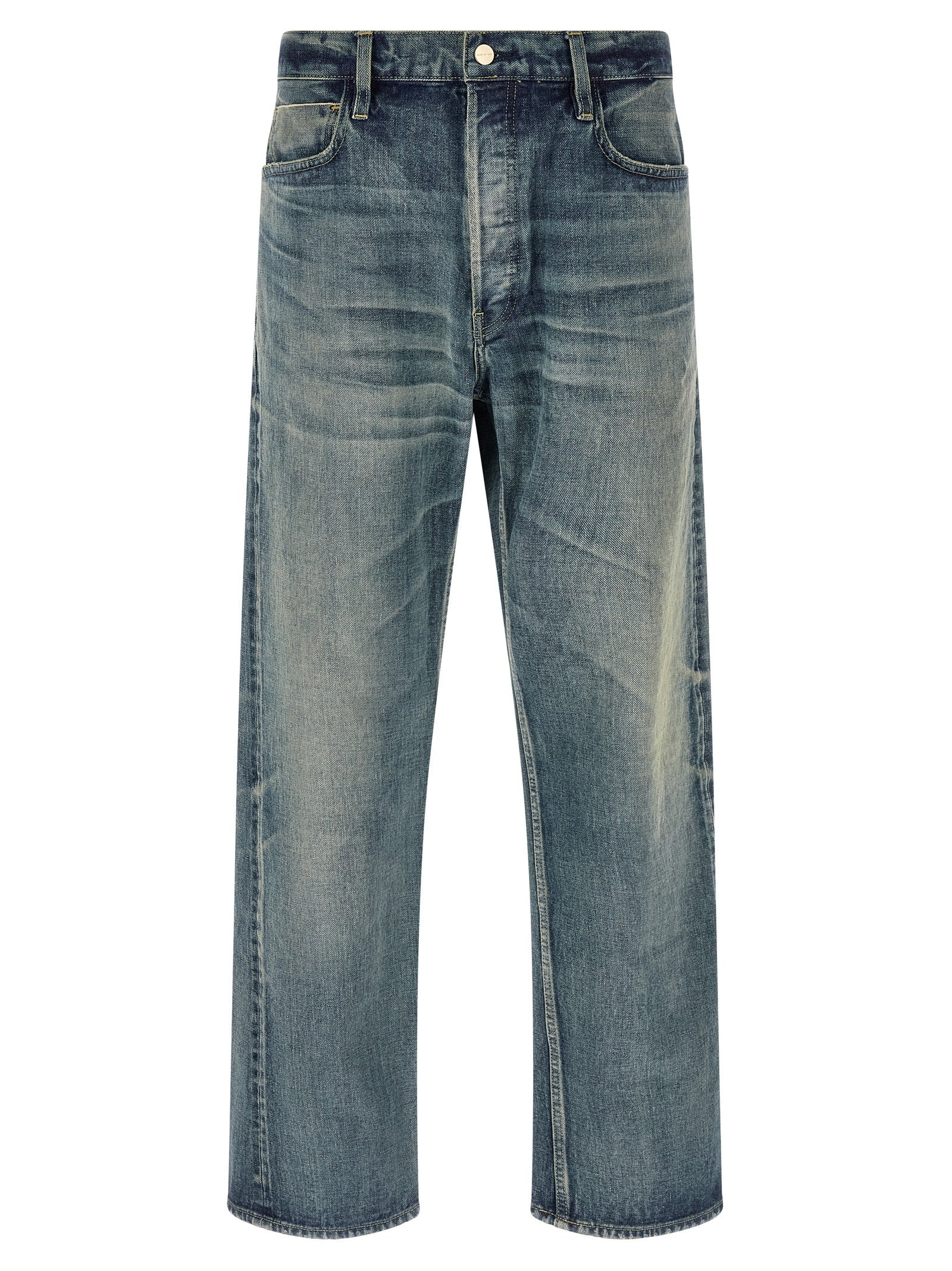 Jeans droits en coton bleu Fear Of God, style classique avec coupe droite et détails simples, visibles sur l'image.