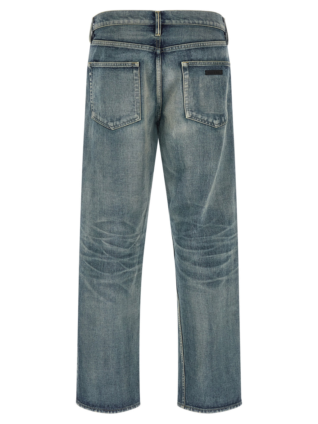 Jeans droits en coton bleu Fear Of God avec coupe droite, visibles sur un mannequin dans l'image.