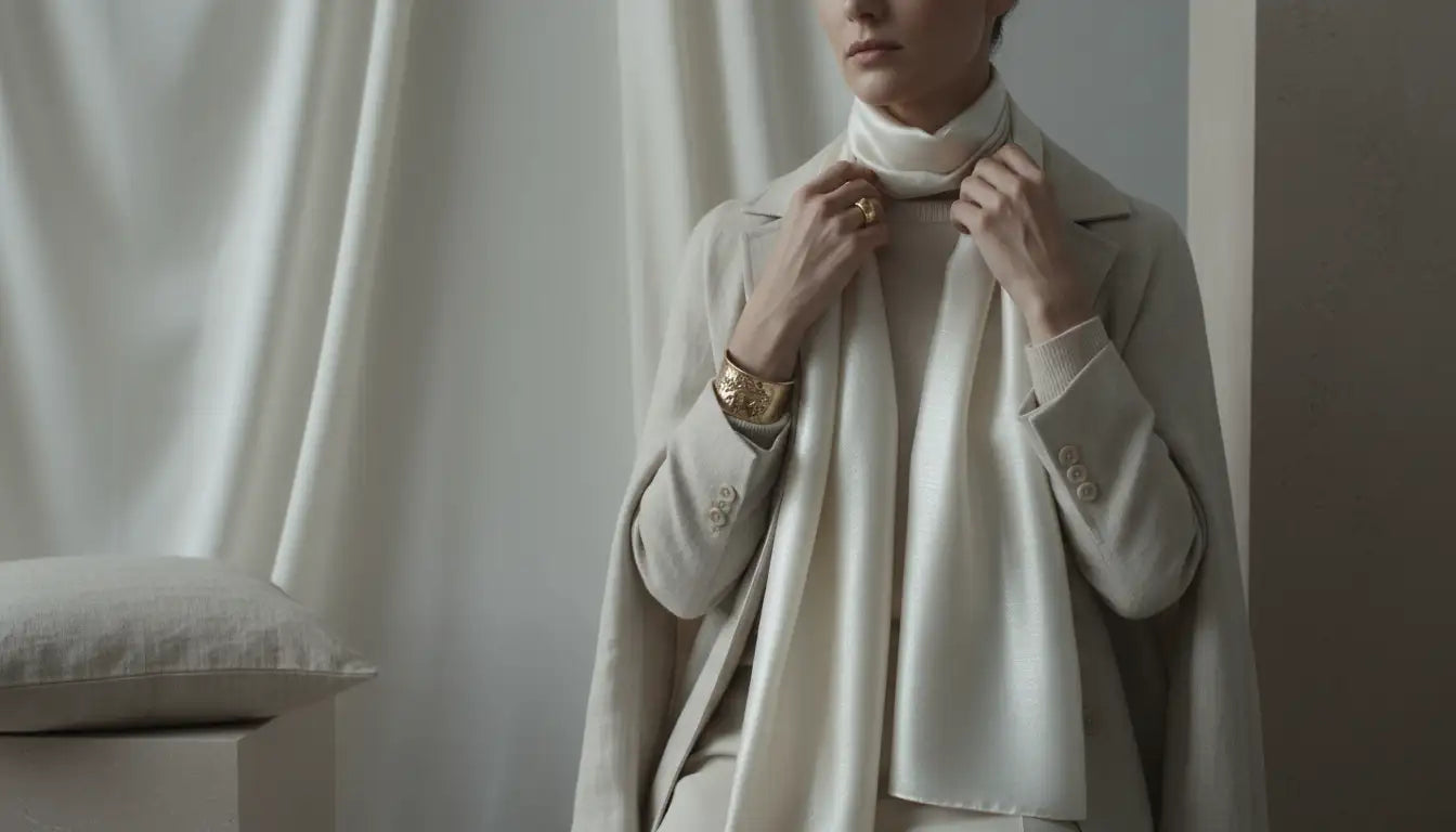 Une femme porte un manteau en laine de couleur crème avec un col haut et un pull col roulé assorti.