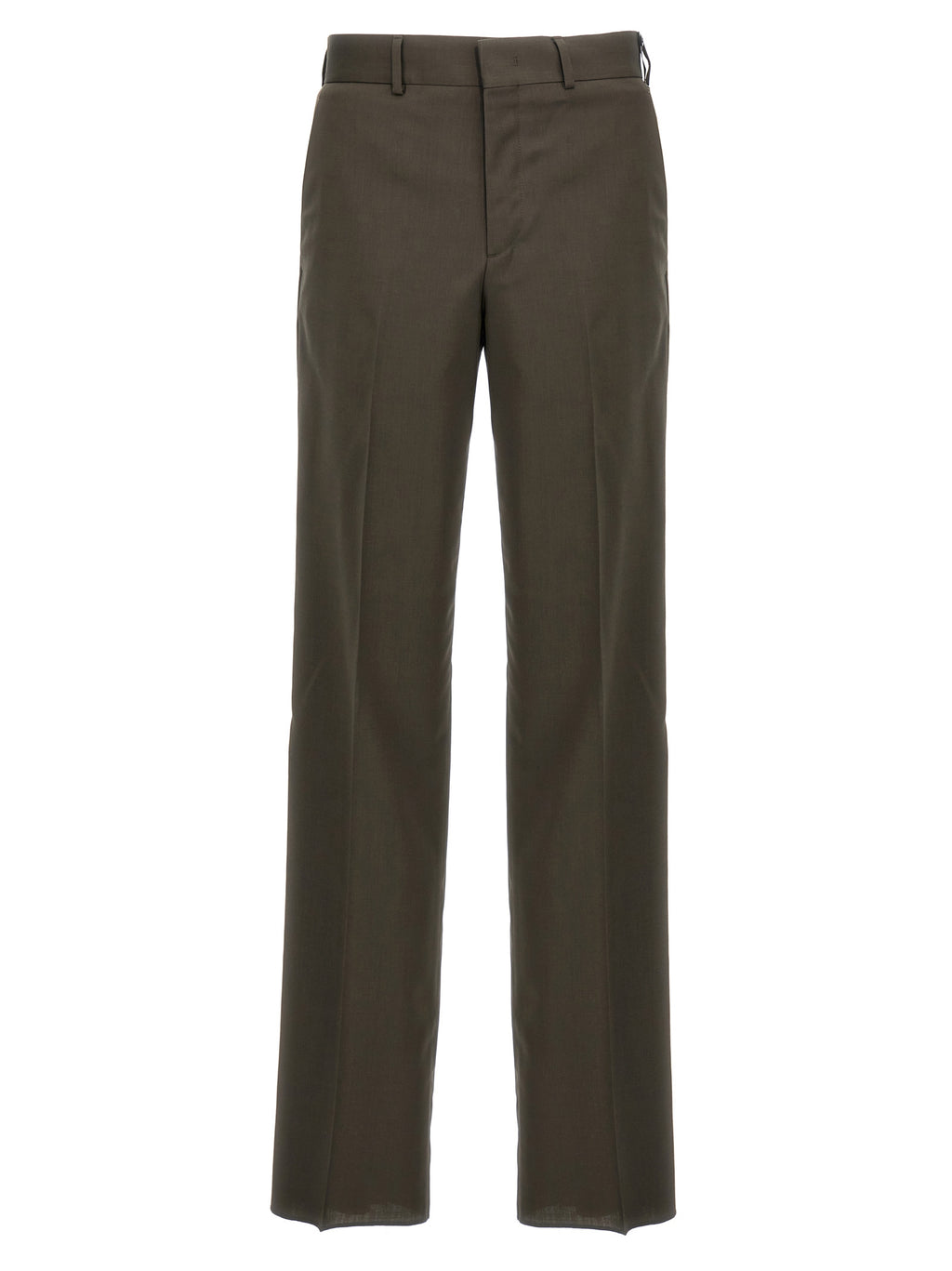 Pantalon en laine bicolore Fendi, coupe élégante, porté sur un mannequin, avec détails de couture sophistiqués.