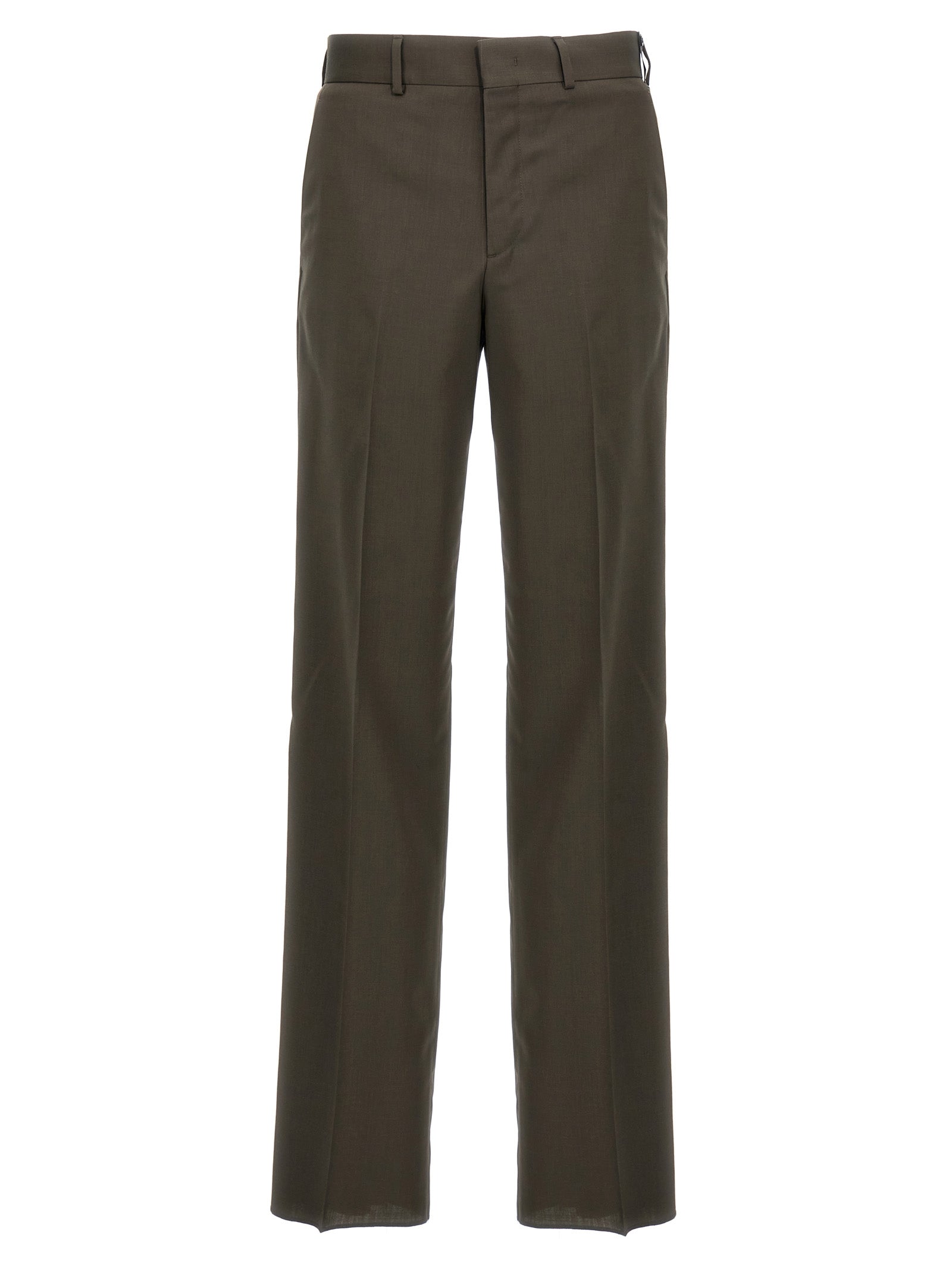 Pantalon en laine bicolore Fendi, coupe élégante, porté sur un mannequin, avec détails de couture sophistiqués.