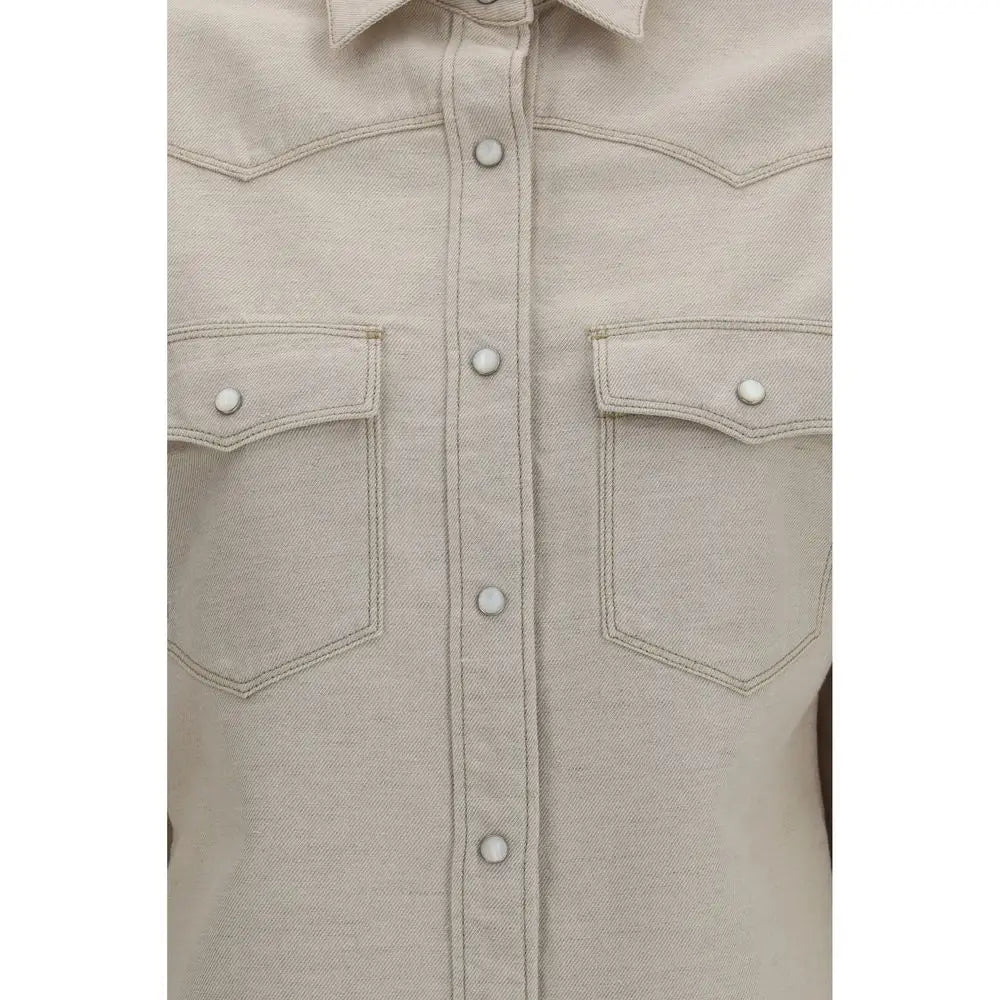 Chemise en jean beige fendi avec boutons argentés et poches à rabat cousues