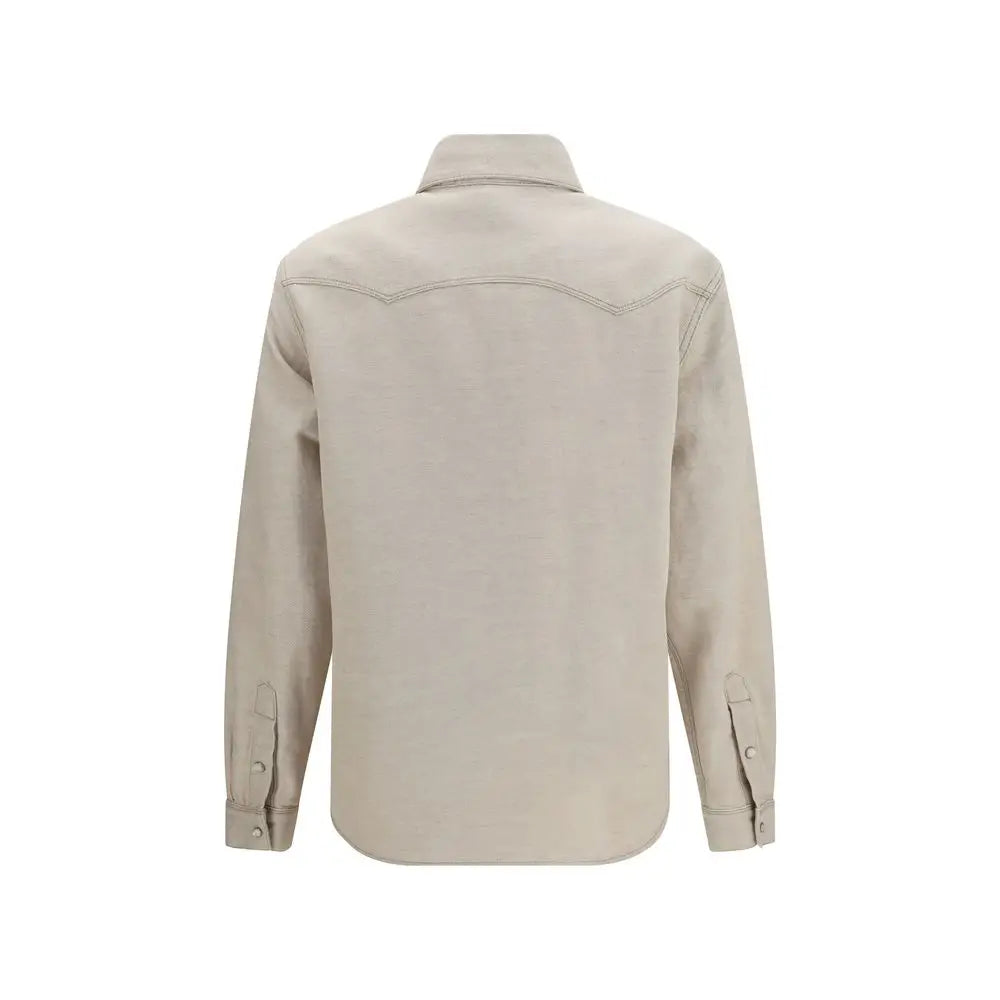 Chemise en denim beige fendi avec col classique et poignets boutonnés en coton robuste
