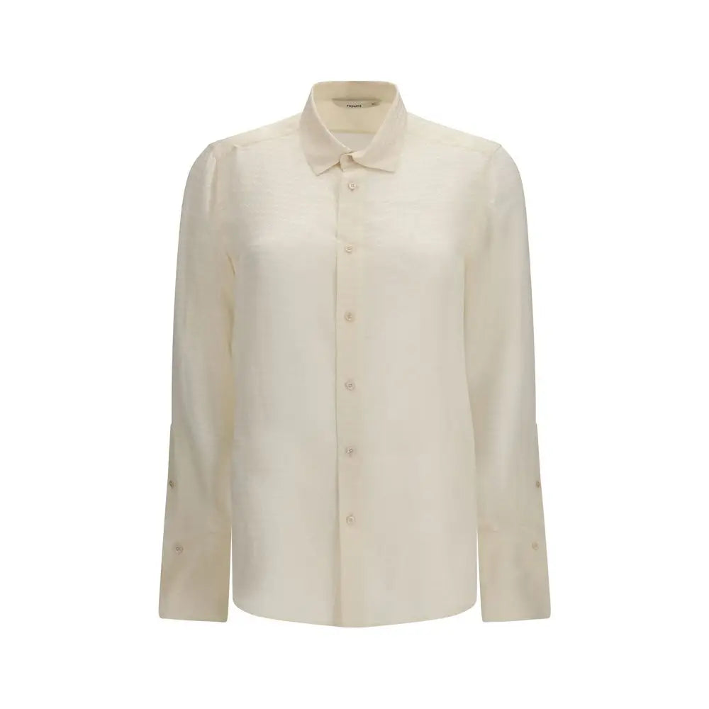 Chemise fendi beige en soie avec manches longues, col classique et texture subtile crème