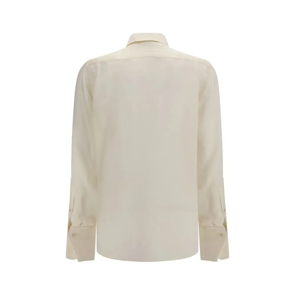 Chemise beige en soie fendi avec col classique et manches retroussées en satin crème