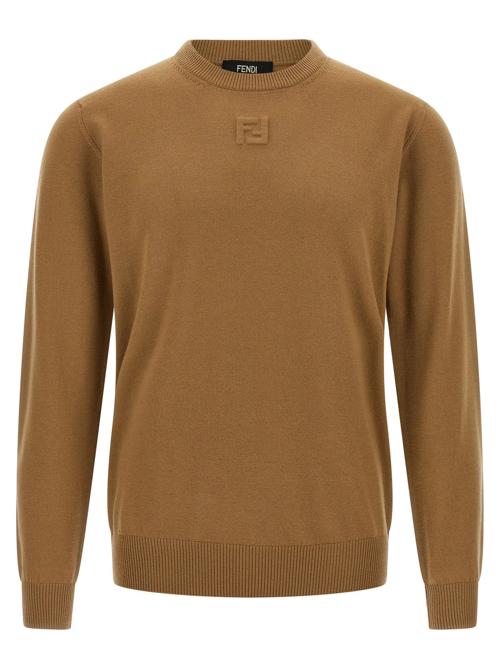 Pull beige fendi en laine vierge avec col rond et poignets et ourlet côtelés orné d’un logo brodé subtil