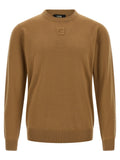 Pull beige fendi en laine vierge avec col rond et poignets et ourlet côtelés orné d’un logo brodé subtil