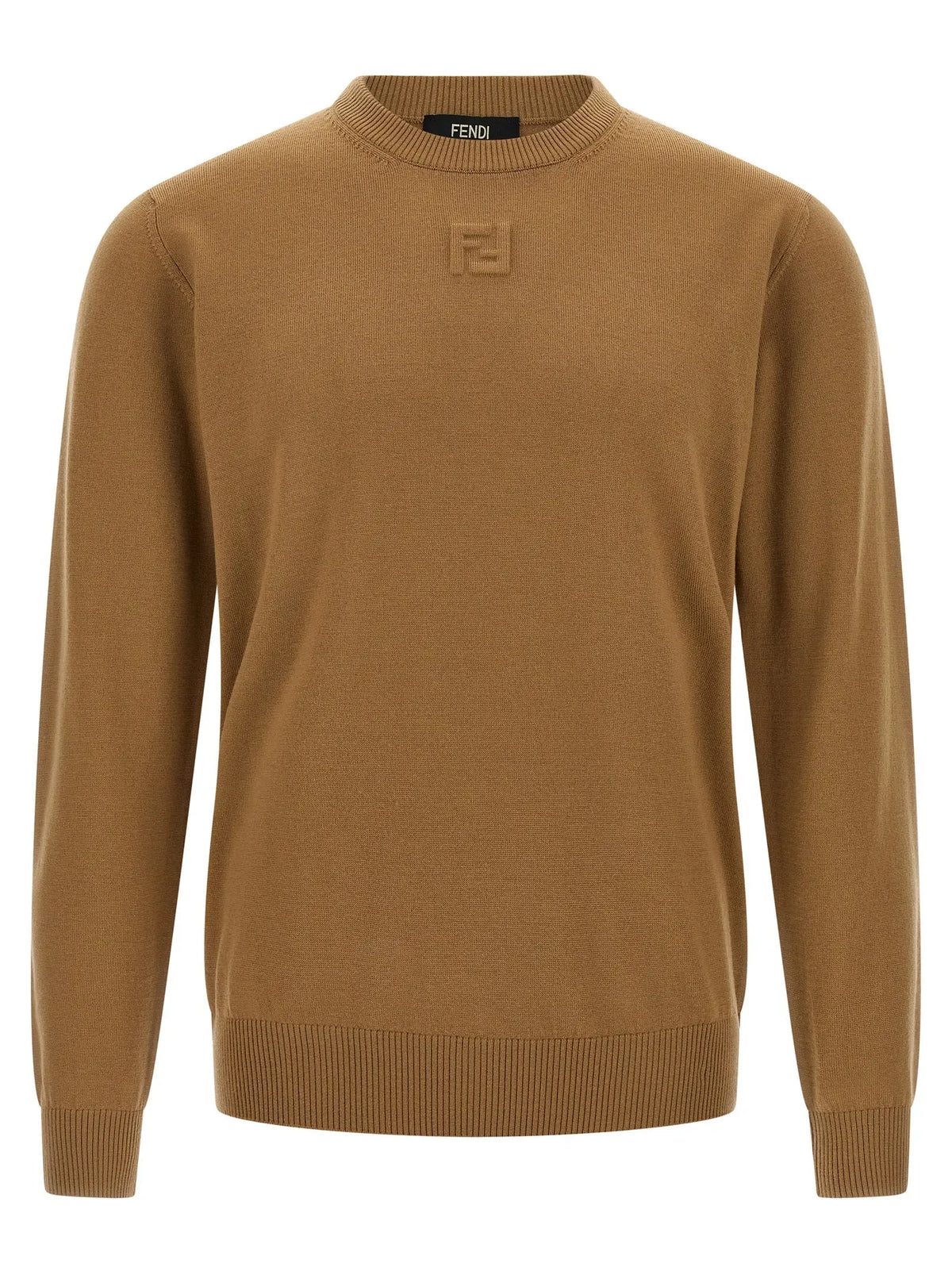 Pull beige fendi en laine vierge avec col rond et poignets et ourlet côtelés orné d’un logo brodé subtil