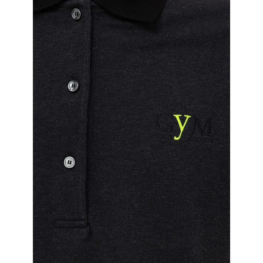 Fendi polo coton noir texturé avec boutons argentés et logo gym brodé jaune néon