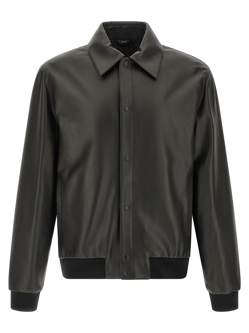 Veste en cuir noir fendi avec bomber satin gris foncé et poignets et ourlet côtelés noirs