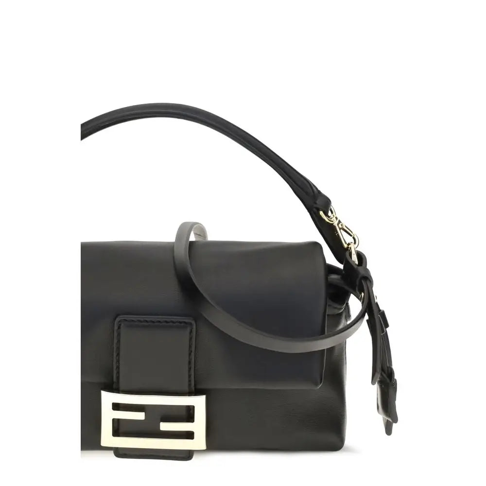 Sac à main fendi black lamb ovis aries noir avec fermeture à logo ff doré et bandoulière en cuir assortie