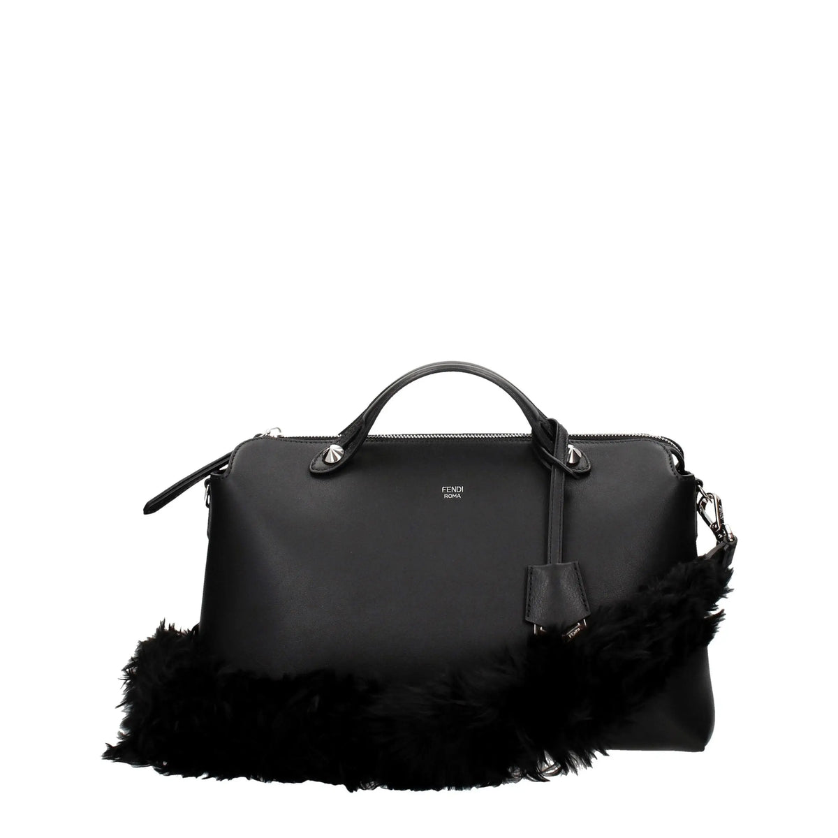 Sac à bandoulière fendi noir en cuir avec bordure en fourrure noire et détails en métal argenté