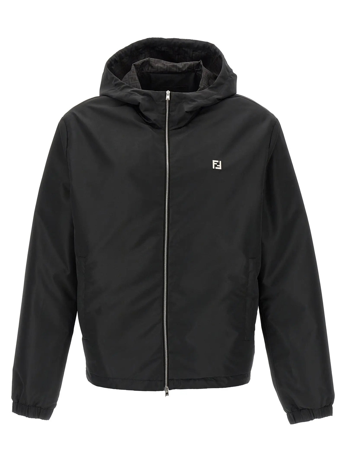Veste fendi noire en polyester avec capuche logo blanc subtil sur la poitrine et fermeture éclair intégrale